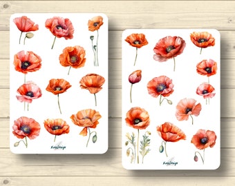 Sticker Set Poppies Plants Floral Blossoms Spring Stickers Planner Stickers, Scrapbook Stickers