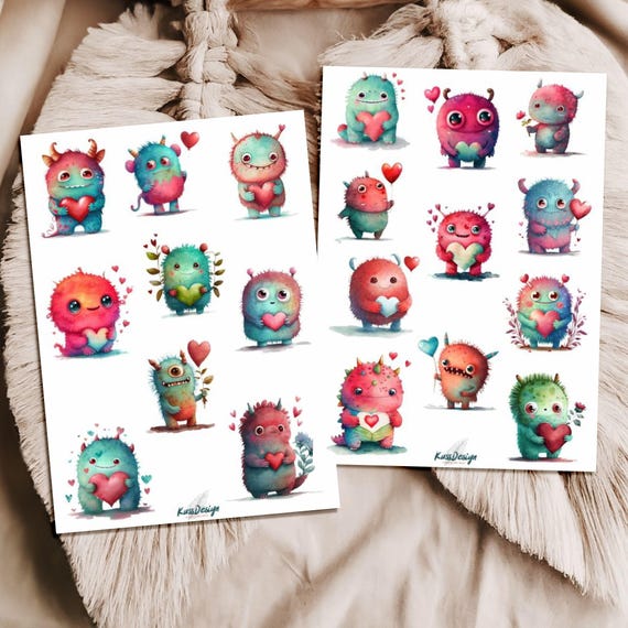 Süße Monster Sticker Set – Cute Monster mit Herzen, Kawaii Figuren, bunte Cartoon Monster, Love Sticker, Planner Sticker, Valentinstag