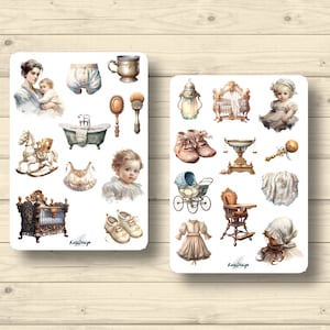 Set di adesivi per bambini vintage vittoriano, biberon, lettino per passeggino, sonaglio, adesivi per pianificatore, simpatici adesivi per scrapbooking