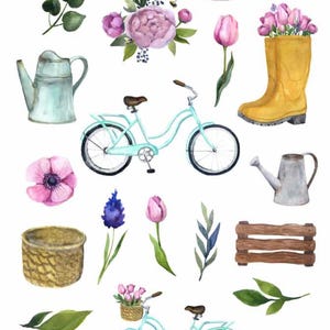 Set di adesivi vintage da giardino: bicicletta, annaffiatoio, fiori, stivali di gomma, giardino rustico, adesivi per la pianificazione del giardino primaverile (pastello) immagine 6