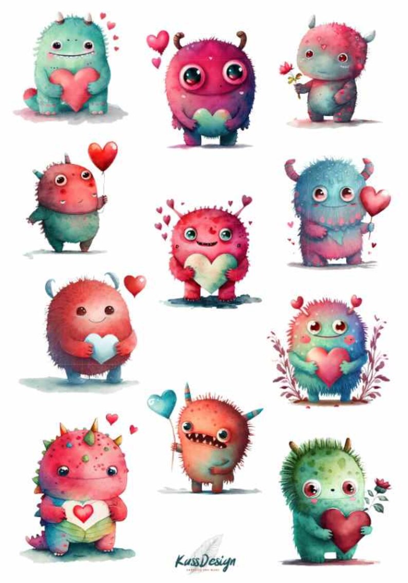 May include: A collection of watercolor illustrations featuring cute, colorful monsters. Each monster is holding a heart or a heart-shaped balloon, with some also adorned with heart-shaped accents. The monsters are in various colors, including blue, pink, and green.