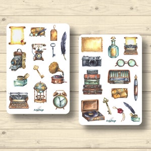Conjunto de pegatinas artículos vintage teléfono cámara máquina de escribir maleta tintero, pegatinas planificador pegatinas, lindas pegatinas de scrapbooking
