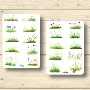 Sticker Set Gras Grasbüschel mit Blumen, Aufkleber Planner Stickers, cute Scrapbooking Stickers