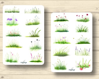 Sticker Set Grass Clumps of Grass with Flowers, Planner Stickers, Cute Scrapbooking Stickers