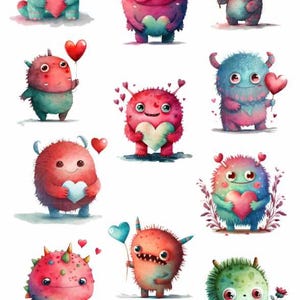 May include: A collection of watercolor illustrations featuring cute, colorful monsters. Each monster is holding a heart or a heart-shaped balloon, with some also adorned with heart-shaped accents. The monsters are in various colors, including blue, pink, and green.