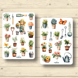 Sticker Set Garten Blumentöpfe Gartenarbeit Mädchen im Garten Gartengeräte, Aufkleber Planner Stickers, cute Scrapbooking Stickers
