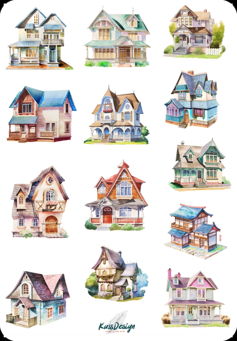 Sticker House Sticker Set: Houses, Buildings, Architecture, Colorful, Terrace ...