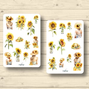 Sticker set, sunflowers, girl, summer, flowers, sun hat, sticker planner stickers, cute scrapbooking stickers