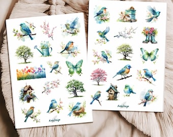 Set di adesivi con uccelli primaverili: uccellino azzurro, farfalle, fiori, casetta per uccelli, giardino, adesivi primaverili a tema natura, set di adesivi pastello per agenda.