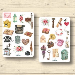 Sticker Set, vintage Mail Schreibmaschine Tintenfass Briefe Postkasten Telefon Aufkleber Planner Stickers, cute Scrapbooking Stickers