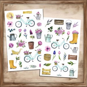 Pu&ograve; includere: Illustrazioni ad acquerello di elementi di giardinaggio, tra cui biciclette con cesti di fiori, annaffiatoi, secchi e fiori. La tavolozza dei colori presenta tenui blu, rosa, gialli e verdi, creando un'estetica affascinante e stravagante. Il tema &egrave; il giardinaggio e la primavera.