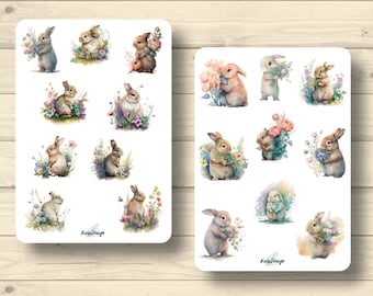 Sticker Set, Osterhasen mit Blumen, Ostern, Aufkleber Planner Stickers, cute Scrapbooking Stickers