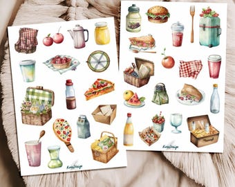 Picnic Sticker Set – 2 sheets with watercolor snacks, baskets, drinks, blankets & summery food motifs