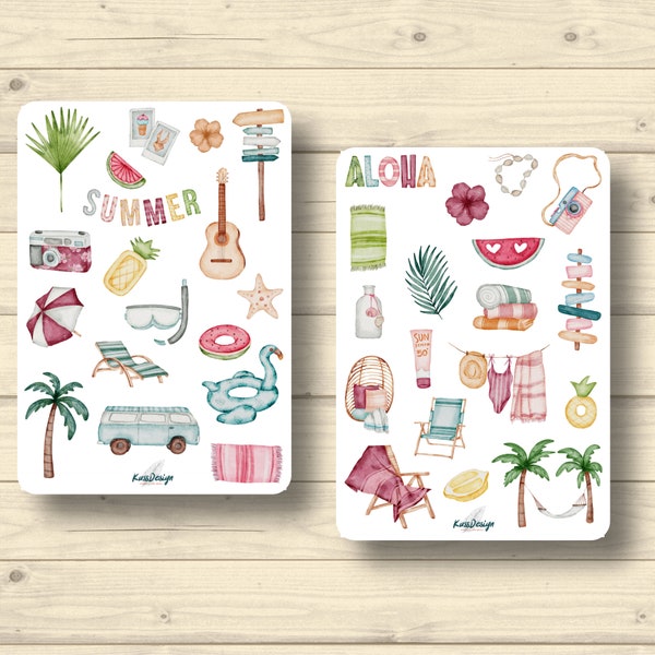 Sticker Set, Sommer, Strand, Urlaub, Meer, Sonne, Hängematte, Palmen, Aufkleber Planner Stickers, cute Scrapbooking Stickers