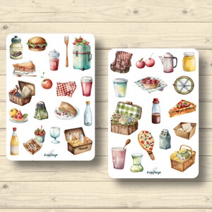 Conjunto de pegatinas, picnic, comida rápida, naturaleza, prado, primavera, pegatinas del planificador de pegatinas, lindas pegatinas de scrapbooking
