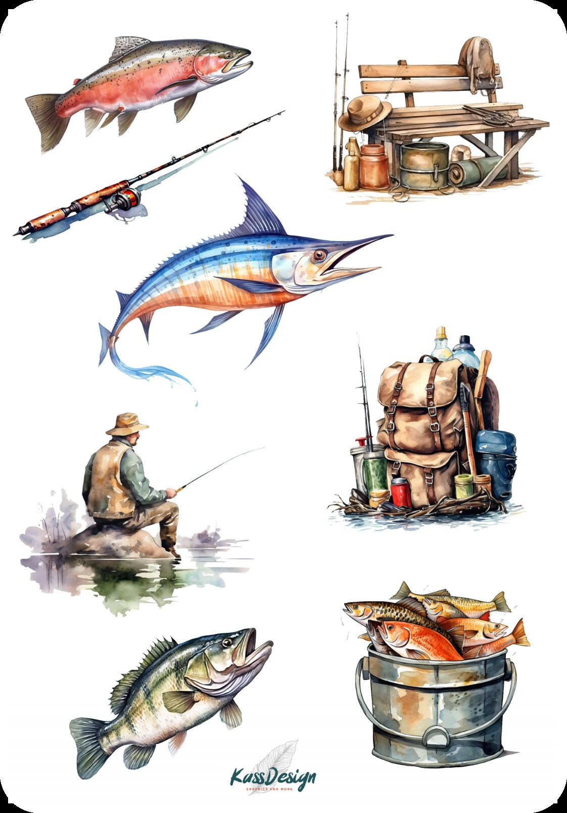 Sticker Set: Fishing, Angler, Fishing Rod, Fish, Fishing Boat, Sea ...
