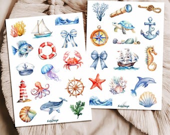 Maritime Sticker Set – 2 sheets with watercolor sea motifs, sailboat, anchor, whale, turtle & shells