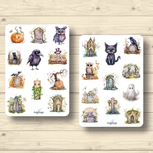 Sticker Set Halloween Friedhof Gräber schwarze Katze Kürbis Rabe Gothik, Aufkleber Planner Stickers, cute Scrapbooking Stickers