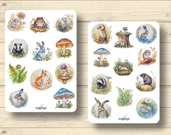 Sticker Sheet, forest animals, mushrooms, nature, forest, badger, fox, hedgehog, rabbit, stickers Planner Stickers, cute scrapbooking stickers