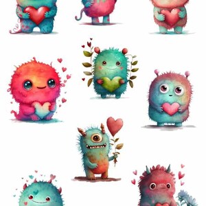 May include: A collection of nine watercolor illustrations of cute, colorful monsters. Each monster is holding a heart or a heart-shaped balloon, with a variety of colors including red, blue, green, and orange. The image has a white background.