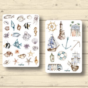 Conjunto de pegatinas, criaturas marinas, peces, conchas, estrellas de mar, veleros, surf, pegatinas del planificador de pegatinas, lindas pegatinas de scrapbooking