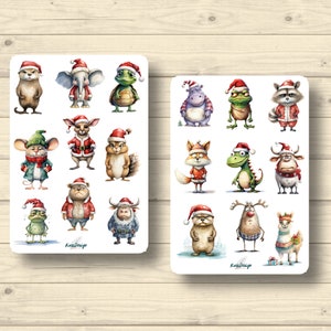 Sticker Set niedlich Weihnachtstiere mit roten Mützen