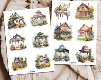 Cottage House Sticker Set – 2 sheets with watercolor garden houses, pavilions, verandas, flowers & country house motifs