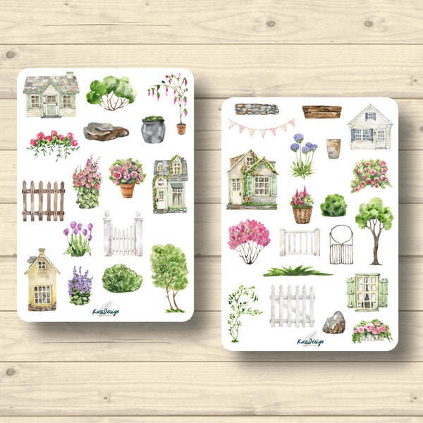 Sticker Set Houses Cottage Garden Flowers Home Stickers Planner Stickers, Cute Scrapbooking Stickers