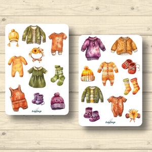 Sticker Set Babykleidung Herbst Bio Baumwollkleidung Wolle Strampler Jäckchen, Aufkleber Planner Stickers, cute Scrapbooking Stickers