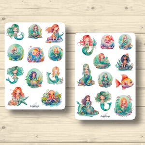 Sticker Set, kleine Meerjungfrauen, Nixe, Mädchen, Meer, Fische, unter Wasser, Aufkleber Planner Stickers, cute Scrapbooking Stickers