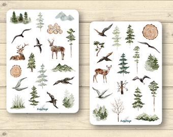 Sticker set: Forest animals, trees in watercolor