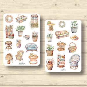 Sticker Set boho Möbel Korbmöbel Bücherregal Topfpflanzen Sofa Wintergarten Aufkleber Planner Stickers, Scrapbook Stickers