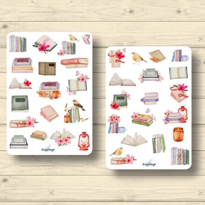 Sticker Set, Bücher, Bücherstapel, Blumen, Aufkleber Planner Stickers, cute Scrapbooking Stickers