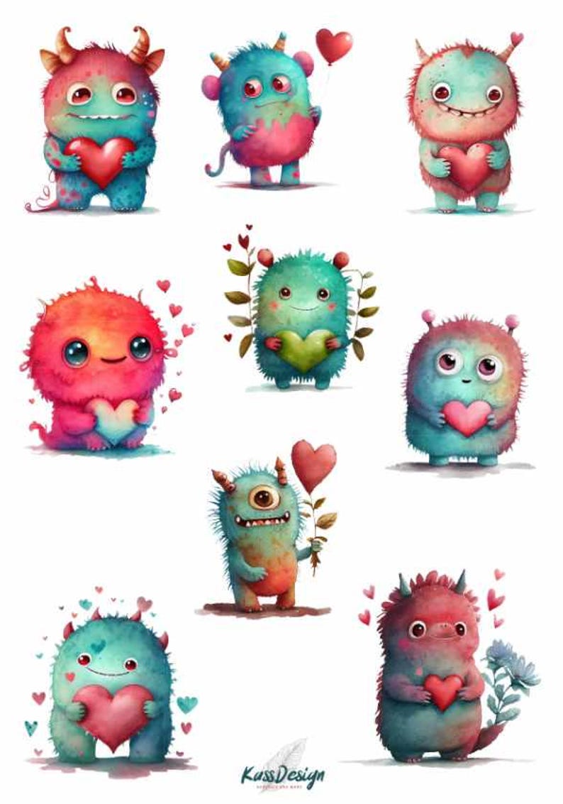 May include: A collection of nine watercolor illustrations of cute, colorful monsters holding heart-shaped objects. The monsters are in various colors, including red, blue, and green, and some have horns or antennae. The image has a Valentine's Day theme.