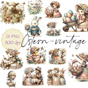 Pasen vintage, 26 transparante cliparts, bundel, png, commercieel gebruik