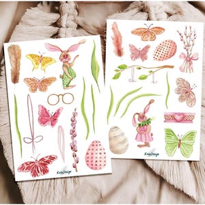 Set d'autocollants lapin de Pâques avec décoration verte et papillons