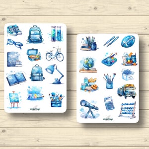 Sticker Set Schule Schulutensilien Schulrucksack Fahrrad Globus Schulbus, Aufkleber Planner Stickers, cute Scrapbooking Stickers