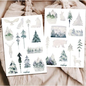 Ensemble d'autocollants silhouettes aquarelles de forêt d'hiver