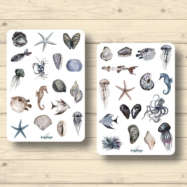 Sticker Set Aquatic Animals Maritime Jellyfish Sea Shells Oysters Starfish Seahorse Stickers Planner Stickers, Scrapbook Stickers