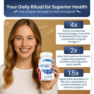 Puede incluir: Una mujer sonr&iacute;e mientras sostiene un frasco blanco de NanoGard Omega3. El frasco tiene detalles en azul y rojo y el texto "Innovative Nanotech Formula". La imagen incluye texto sobre los beneficios del producto.