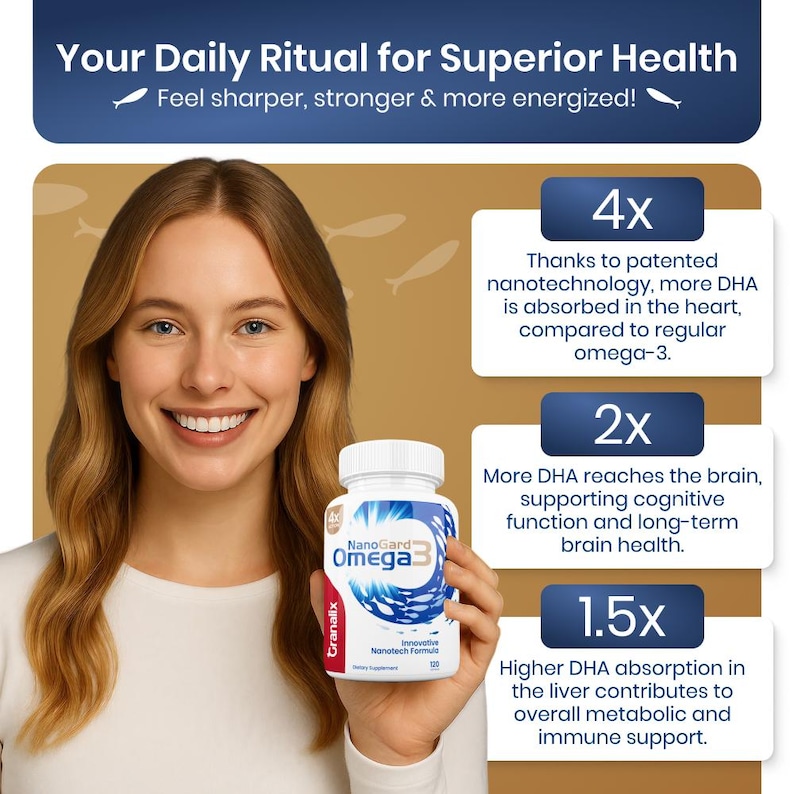 Puede incluir: Una mujer sonr&iacute;e mientras sostiene un frasco blanco de NanoGard Omega3. El frasco tiene detalles en azul y rojo y el texto "Innovative Nanotech Formula". La imagen incluye texto sobre los beneficios del producto.