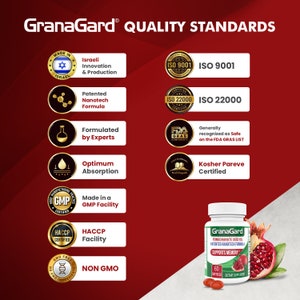 May include: A red background with a white graphic of a bottle of GranaGard pomegranate seed oil dietary supplement. The bottle is labeled with the text "GranaGard", "Pomegranate Seed Oil", "Patented Nanotech Formula", "Supports Memory", and "60 Softgels". The graphic also includes a red pomegranate fruit with a green leaf.