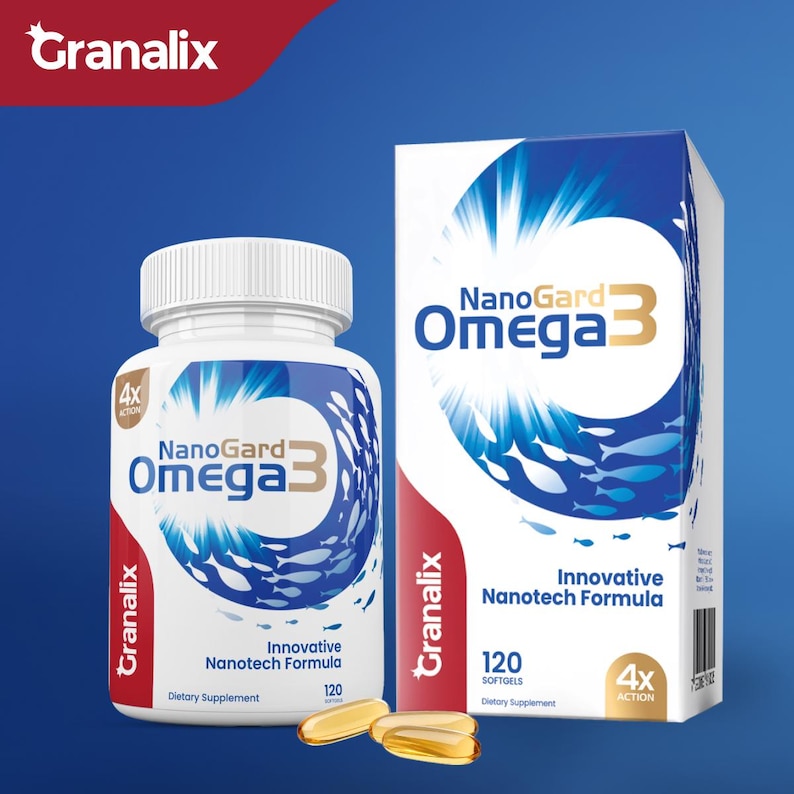 Puede incluir: Una botella y una caja blancas de suplementos diet&eacute;ticos NanoGard Omega 3. La botella y la caja presentan dise&ntilde;os de olas azules y blancas con el texto "NanoGard Omega 3". El frasco contiene 120 c&aacute;psulas blandas. La caja tambi&eacute;n indica "Innovative Nanotech Formula".