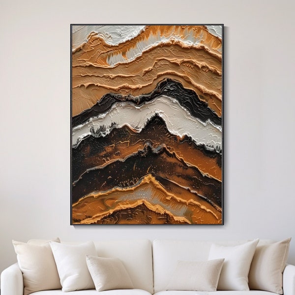 Tableau abstrait de montagnes en cascade Automne doré sur toile Œuvre d'art originale Peinture à l'huile épaisse Art minimaliste moderne