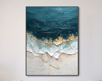 Peinture sur toile Minimaliste Golden Coastline Blue Ocean Wave Art 3D Textured Painting Wabi-Sabi Morden Art Bedroom Wall Decor Fashion Art