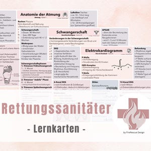 Könnte beinhalten: Lernkarten für Rettungssanitäter mit deutschen Texten und Diagrammen zu medizinischen Themen. Die Karten behandeln Anatomie, Schwangerschaft und Elektrokardiogramme. Der Titel "Rettungssanitäter - Lernkarten" ist prominent dargestellt.