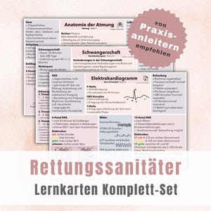 Könnte beinhalten: Ein Stapel medizinischer Lernkarten mit Texten zu Anatomie, Schwangerschaft und Elektrokardiogrammen. Die Karten enthalten Diagramme und klinische Daten. Ein kreisförmiges Abzeichen oben rechts trägt die Aufschrift von Praxisanleitern empfohlen.