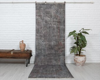 Handwoven Gray Wool Runner Rug: 3x9 Vintage Anatolian Entryway Rug