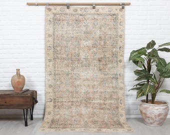 4x7 Vintage Rug, Ivory Turkish Rug, Antique Handmade Rug, Kitchen Rug, Oushak Rug, Anatolian Rug, Bedroom Rug, Faded Rug, Distressed Rug