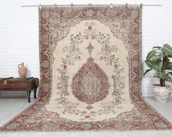 200x300 Beige Vintage Türkischer Handgewebter Teppich, Anatolischer Wollteppich für Wohnzimmer, Einzigartiger Orientalischer Oushak Teppich, Antiker Teppich für Boho Decor